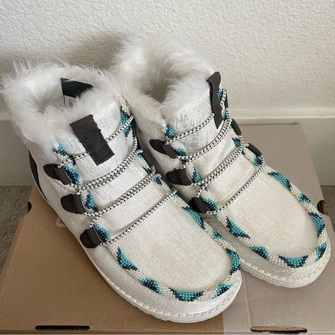 Heydude Custom Beaded Boot New With Tag And Box. Size 5 Fur Lined Beaded Hey Dude Shoes, Beaded Hey Dudes, Custom Leather Work, Nike Shoes Women Fashion, Native Beading, Beaded Moccasins, Taupe Boots, Beaded Shoes, Hey Dude Shoes