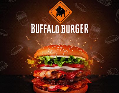 Buffalo Burger, Marketing And Advertising Design, Buffalo Burgers, Burger Design, Burger Restaurant, Restaurant Marketing, Illustration Advertising, Photoshop Illustrator, Advertising Design