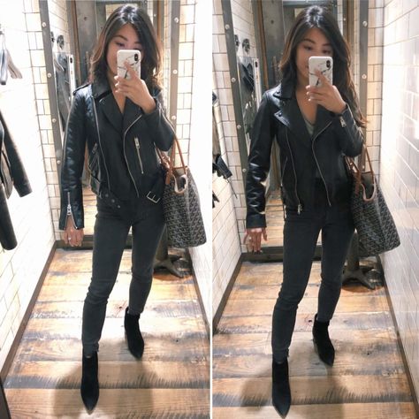 petite leather jacket Jackets For Petite Women, Leather Pants Outfit Night, Womens Leather Jacket Outfit, Pant Outfits For Women, All Saints Leather Jacket, Outfit Petite, Cole Haan Boots, Leather Leggings Outfit, Lulu Pants