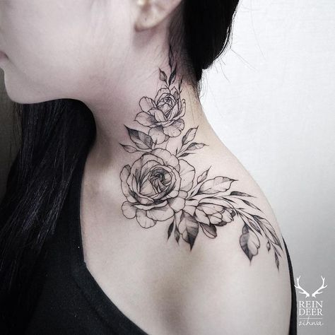 Rose Neck Tattoo, Flower Neck Tattoo, Best Neck Tattoos, Neck Tattoos Women, Black Rose Tattoos, Bone Tattoos, Small Flower Tattoos, Neck Tattoos, Shoulder Tattoos For Women