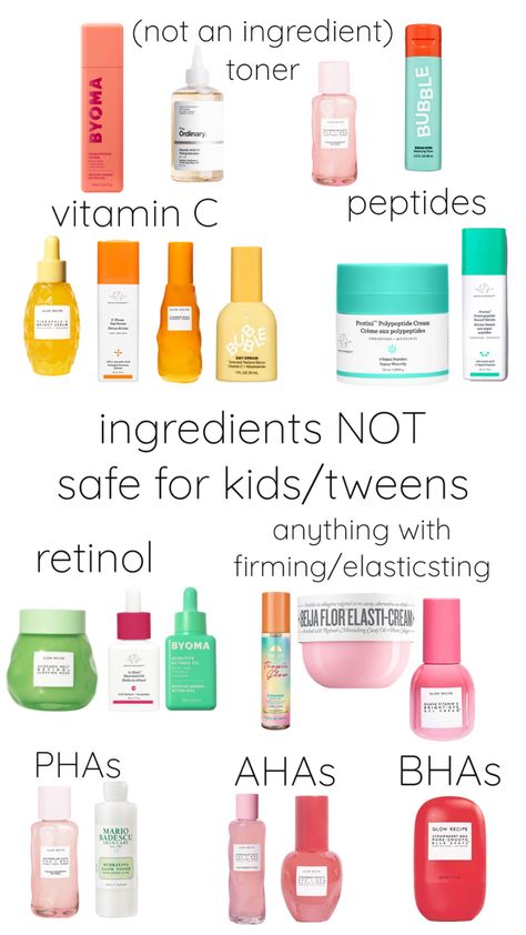 lots of kids or tween love skincare but here are some UNSAFE products which you should NOT use #preppy #skincare #sephora #sephorakids #glowrecipe #drunkelephant #byoma #bubbleskincare Drunk Elephant Safe For Kids, Byoma Skincare For Kids, Skin Care For Kids Children, Drunk Elephant Skincare For Kids, Skincare Brands For Teens, Teen Wishlist, Sephora Kids, Inexpensive Skin Care, Skincare Sephora