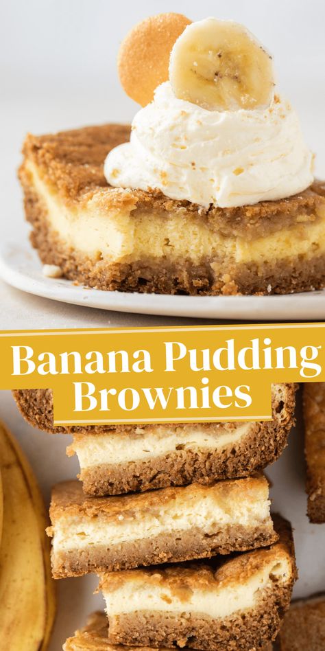 Banana Pudding Cheesecake Brownies, Banana Pudding Brownies Easy, Banana Pudding Mix Recipes, Banana Pudding With Nutter Butters, Bake Off Winning Recipes, Banana Pudding Blondies, Fall Pudding Desserts, Banana Pudding Fudge, Banana Pudding Lasagna