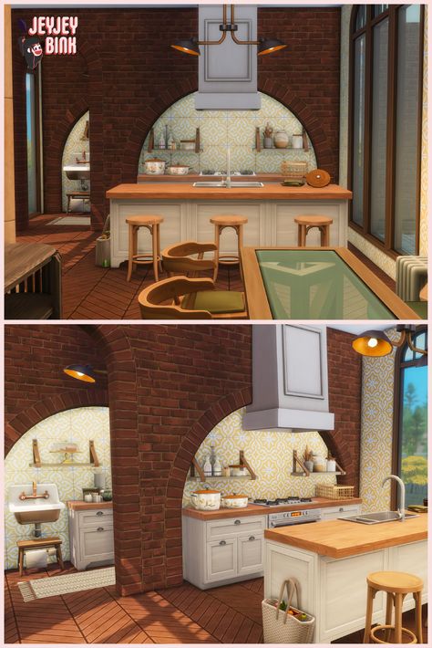 The Sims 4 Modern Cottage Warehouse Kitchen - CC included - All the CC I own is found here https://docs.google.com/spreadsheets/d/1jO8tHO7_GQkQdNNEReEMXDSa7DbmHhVS8qpBa8LJDBU/edit?usp=sharing Join my Discord in the same link if you want to know the specific CC used! #ShowUsYourBuilds #thesims4 #Sims4 #sims4game #ts4house #ts4build #ts4builds #ts4nocc #ts4mm #simsbuilds #ts4 #sims4housebuild #sims4house #sims4home #sims5 #sims4build #simsinteriordesign #thesims4interior Kitchen Design Sims 4, Sims 4 Cottage Furniture, Sims 4 Spanish Cc, Sims 4 Spanish Style House, Sims 4 Cc Archway, Sims 4 Cottage Kitchen, Sims 4 Arches Cc, Sims 4 Mexican Cc, Sims Farmhouse