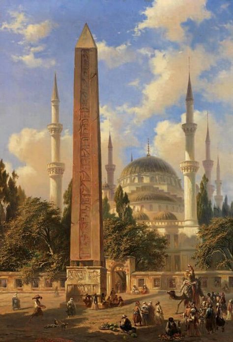 Sultan Ahmet mosque with egyptian column - Istanbul ! Arabian Art, Islamic Paintings, Eastern Art, Turkish Art, Fantasy City, Historical Art, Ottoman Empire, Fantasy Landscape, Art Plastique