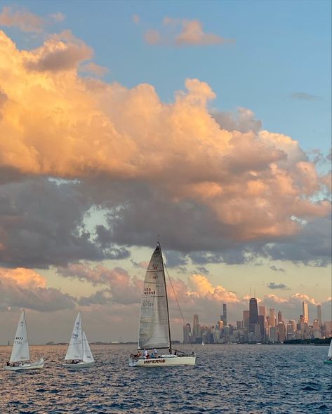 Skyline, city, sailboats, coastal summer, lake michigan Michigan Aesthetic Summer, Lake Michigan Chicago Aesthetic, Aesthetic Sailboat, Living On A Sailboat Aesthetic, Sunfish Sailboat, Chicago Summer, Coastal Summer, Summer Lake, Calm Water