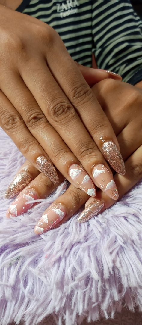 Gold Cloud Nails, Cloud 9 Nails, Glitter Aura Nails, Pink Cloud Nails, Nails Soft Pink, Nail Details, Cloud Nails, Baby Shower Nails, Bday Nails