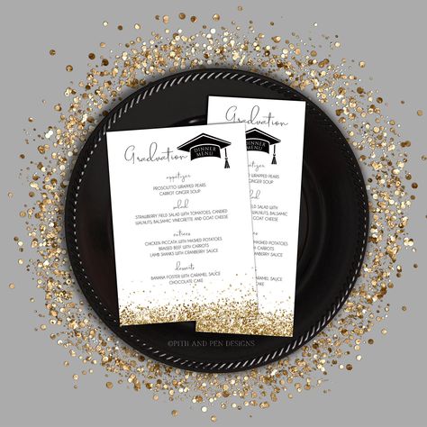 Graduation Dinner Menu, Printable Dinner Menu, Instant Download, Editable Text, Corjl #027-36M https://etsy.me/3hg8MIf #graduation #dinnermenu #formalmenu #diymenu #customplatesetting #eventmenu #foodmenu #graduationparty #goldgraduation Graduation Menu, Graduation Dinner, Menu Printable, Pen Design, Menu Template, Dinner Menu, Wedding Menu, Print Store, Photo Lab