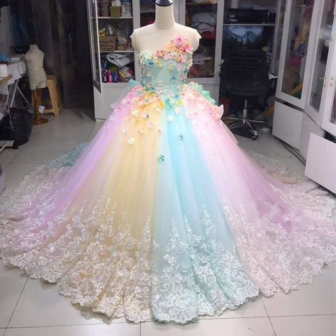 Rainbow Wedding Dress, Rainbow Costumes, Lace Tulle Dress, Lace Up Back Dress, Flowered Dress, Beautiful Floral Dresses, Fairy Dresses, Rainbow Wedding, Estilo Country