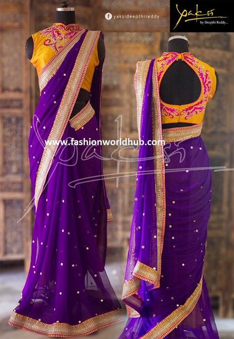 brinjal & Yellow Purple And Yellow Combination, Western Sarees, Blouse Desine, Purple Sarees, Contrast Saree, Sari Blouse Styles, Saree Color Combinations, Sari Blouses, Blue Blouse Designs