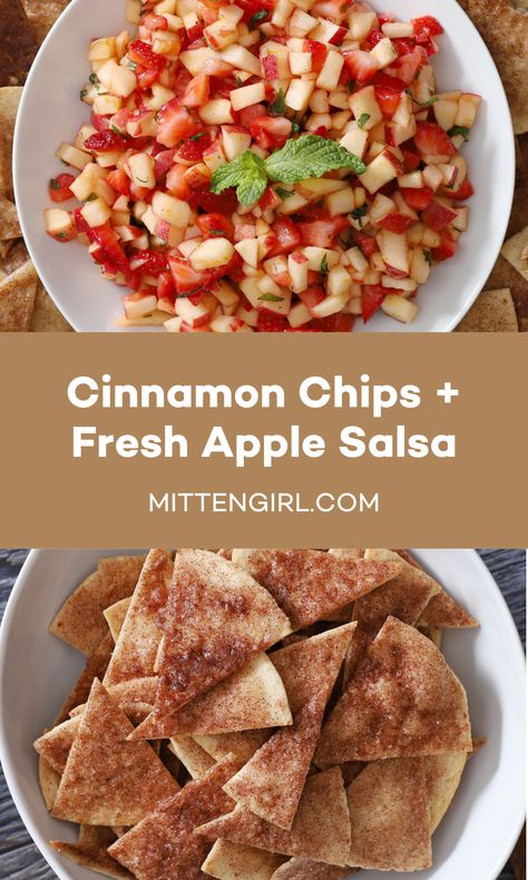 Churro Tortilla Chips, Dip For Cinnamon Pita Chips, How To Make Cinnamon Chips, Apple Salsa And Cinnamon Chips, Fruit Snacks For Party, Tortilla Dessert Easy, Cinnamon Chips Recipes Tortilla, Homemade After School Snacks, Healthy Group Snacks