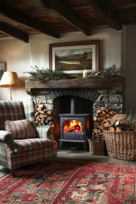 Cozy stone fireplace with woodburning stove and plaid armchair. Get ready for a whimsical journey through dark cottagecore interiors where quaint charm meets mysterious, cozy nooks that might just inspire your next favorite hideaway. Scottish Highland Interiors, Cozy Scottish Cottage, English Cottage Stone Fireplace, Old English Cottage Interiors Fireplaces, Hobbit Cottage Interior, Victorian Style Cottage, Old Cottage Fireplace, Stoves In Fireplaces, Dark English Cottage Interiors