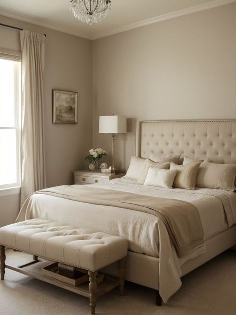 Create a soothing and elegant bedroom by painting an accent wall in a warm beige shade. Pair it with a tufted upholstered bed and complement the look with rustic wooden nightstands for a timeless and cozy atmosphere. Beige Accent Wall Bedroom, Beige Accent Wall, Painting An Accent Wall, Tufted Upholstered Bed, Accent Wall Paint, Wooden Nightstand, Accent Wall Bedroom, Warm Beige, Wall Bedroom