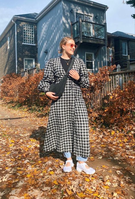 Ganni dress, nike rift outfit, baggu, street style Ganni Dress Street Style, Nike Air Rift Outfit Street Styles, Nike Air Rift Outfit, Air Rift Outfit, Dress Over Jeans Outfit, Ganni Outfit, Ganni Street Style, Serving Cvnt, Nike Rift