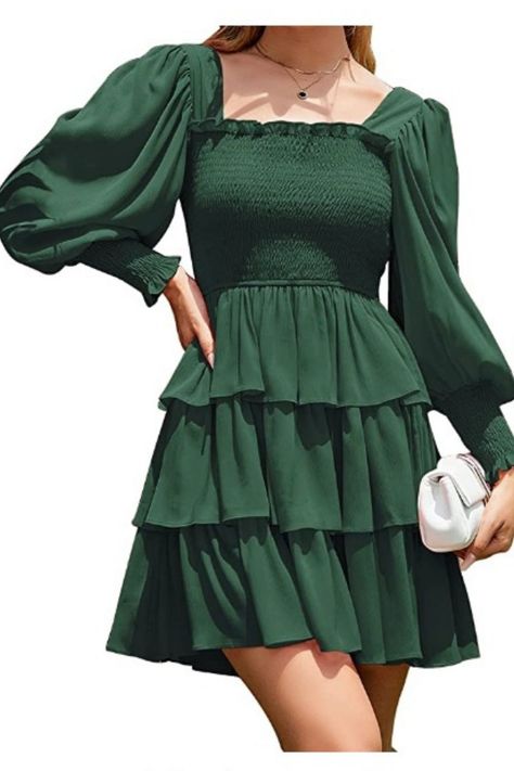 Women Square Neck Long Lantern Sleeve layer Versatile mini dress.Tie Back layer Party dress for women. Ruffle Dress Long Sleeve, Ruffle Dress Long, Beach Mini Dress, Tiered Ruffle Dress, Dress Cake, Flirty Dresses, Mini Dresses For Women, Ruffle Mini Dress, Mini Cocktail Dress