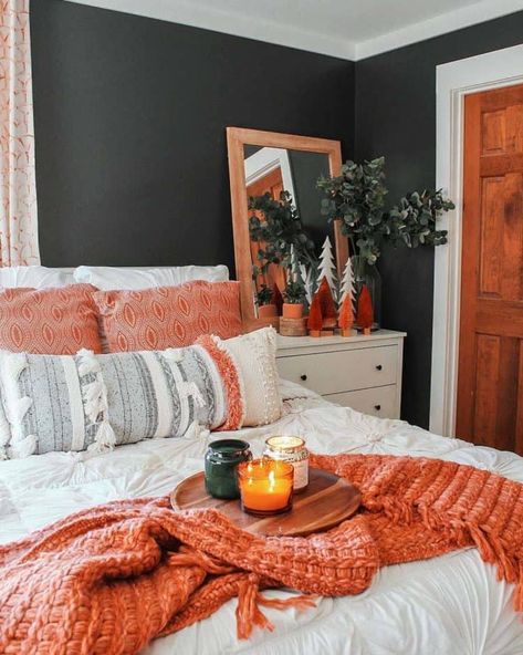 24 Absolutely Dreamy Bedroom Decorating Ideas For Autumn Bedroom Orange, Fall Bedroom, Boho Bedroom, My New Room, Cozy Bedroom, Autumn Home, Home Decor Bedroom, Master Suite, Modern Bedroom