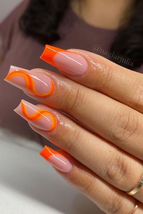 Summer Nails Neon, Neon Orange Nails, Orange Acrylic Nails, Work Nails, French Acrylic Nails, Acrylic Nails Coffin Short, Neon Nails, Yellow Nails, Orange Nails