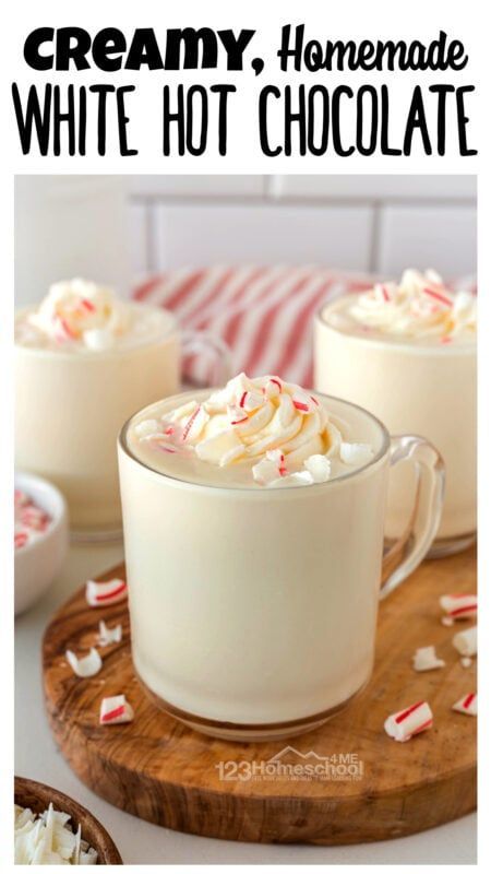 I love warming up to a cup of hot cocoa in the winter! But we’ve moved away from the store bought mixes that are filled with artifiical ingredients, chemicals, and preservatives. Instead we whip up a batch of this simple homemade white hot chocolate recipe. This is so easy to make with convenient chocolate chips! You will love that this creamy hot chocolate is all grown up with white cocoa and a touch of cinnamon. Wassail Recipe Easy, Homemade White Hot Chocolate, Nut Bars Recipe, Candy Cane Cookie Recipe, Pecan Pie Bars Easy, Peanut Butter Blossoms Recipe, White Hot Chocolate Recipe, Eggnog Recipe Homemade, Creamy Hot Chocolate