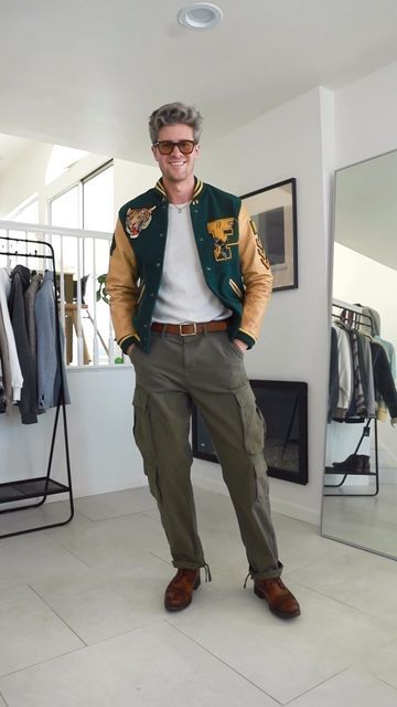 Men’s Varsity Jacket, Varsity Jacket Styling, Parker York Smith Outfits, Green Varsity Jacket Outfit Men, Parker York Smith, Style A Varsity Jacket, Varsity Jacket Outfits, Varsity Jacket Style, Green Varsity Jacket