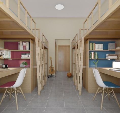 School Dormitory Room Aesthetic, Dormitory Room Design, School Dormitory Room, Boarding School Dorm, Zen Room Decor, Dorm Room Layouts, Bedroom Workspace, Small Apartment Building, Dormitory Room