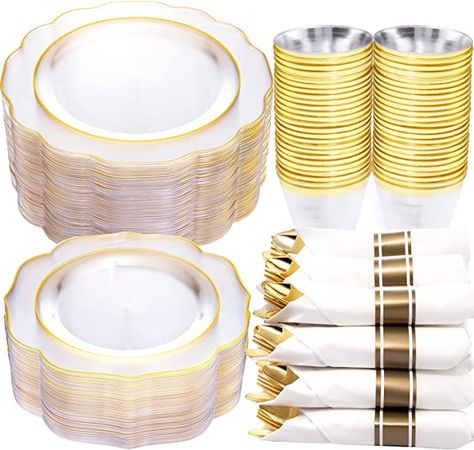 Amazon.com: NOCCUR 50Guest Gold Rim Clear Plastic Plates&Disposable Silverware Cups-Include 100Plastic Plates, 150Gold Utensils, 50Cups and 50Napkins-Idea for Summer Party, Wedding and Birthday : Health & Household Disposable Cups Wedding, Wedding Utensils, Gold Plastic Silverware, Cloth Napkin Folding, Clear Plastic Plates, Gold Plastic Plates, Gold Silverware, Clear Plates, Plastic Silverware