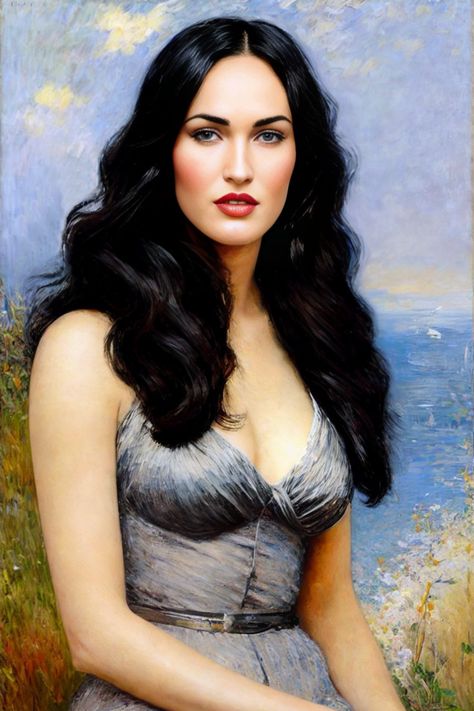 portrait Megan Fox with black hair in oil painting on canvas, in Impressionism style and visible brushstrokes on the canvas #celebrities #oilpainting #art #MeganFox Black Hair Painting, Hair Painting, Megan Fox, Oil Painting On Canvas, Impressionism, Painting On Canvas, A Girl, Black Hair, Canvas Painting