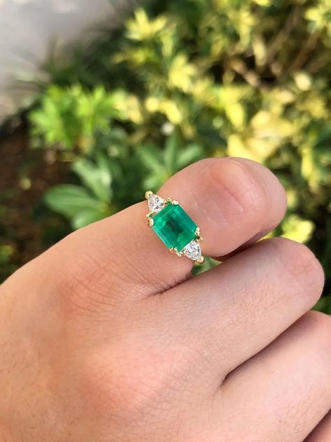 2.71tcw 18K Three Stone Colombian Emerald and Diamond Trillion Cut Ring For Sale at 1stDibs Emerald Three Stone Ring, Trillion Cut Ring, Trillion Diamond Ring, Diamond Ring Emerald, Emerald Stone Rings, Colombian Emerald Ring, Trillion Diamonds, Emerald Diamond Ring, Three Stone Diamond