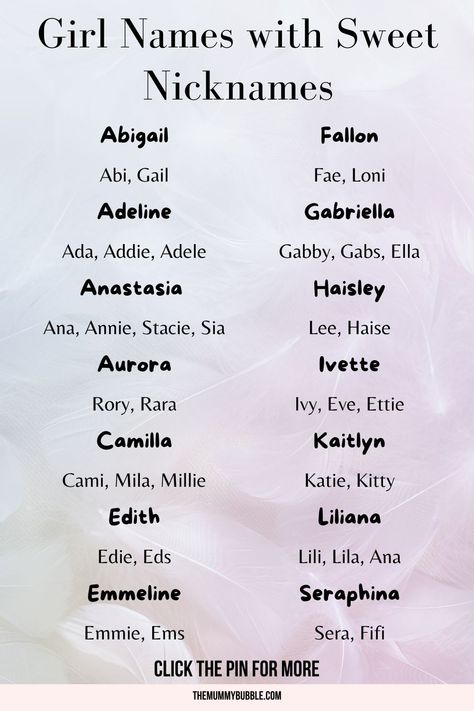 Gorgeous long girl names that can be shortened to beautiful nicknames. Hundreds of sweet girl names with pretty nicknames. Names With Nicknames Girl, Long Girl Names With Nicknames, Girls Names With Nicknames, Pretty Nicknames, Baby Names With Nicknames, T Girl Names, Name Ideas Girl, Girl Names With Nicknames, Names With Cute Nicknames