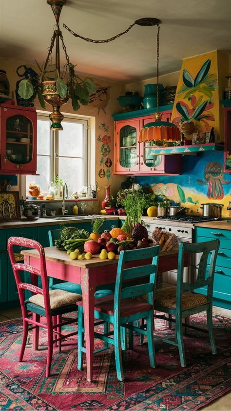 Discover how to infuse your kitchen with bohemian charm! From colorful rugs and macrame plant hangers to rattan chairs and vibrant textiles, create a cozy boho kitchen space that inspires culinary creativity. Embrace eclectic decor elements like open shelving, vintage cookware, hanging plants, and patterned tiles to achieve the perfect bohemian aesthetic. Let your kitchen reflect your free-spirited style with warm earth tones, natural materials, and plenty of greenery. Eclecticism Interior Design, Encanto Kitchen, Cozy Boho Kitchen, Maximalism Kitchen, Cookware Hanging, Eclectic Kitchen Bohemian, Colorful Eclectic Kitchen, Artsy House, Boho Eclectic Kitchen