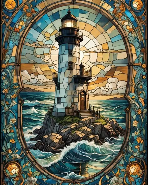 @nightcafestudio Stained Glass Porthole Window, Stained Glass With Resin, House With Stained Glass Window, Diy Stain Glass Art, Stained Glass Mural, Stained Glass Painting Canvas, Stained Glass Windows Art, Glass Stained Windows, Mosaic Lighthouse