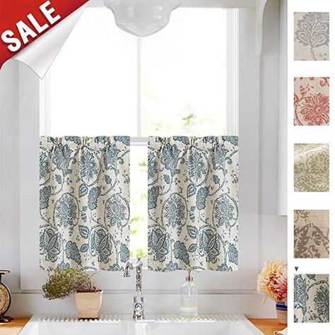 Half Window Curtains, Short Window Curtains, Kitchen Curtains And Valances, Farmhouse Kitchen Curtains, Curtains Floral, Cafe Curtain Rods, Jacobean Floral, Kitchen Window Curtains, Small Window Curtains