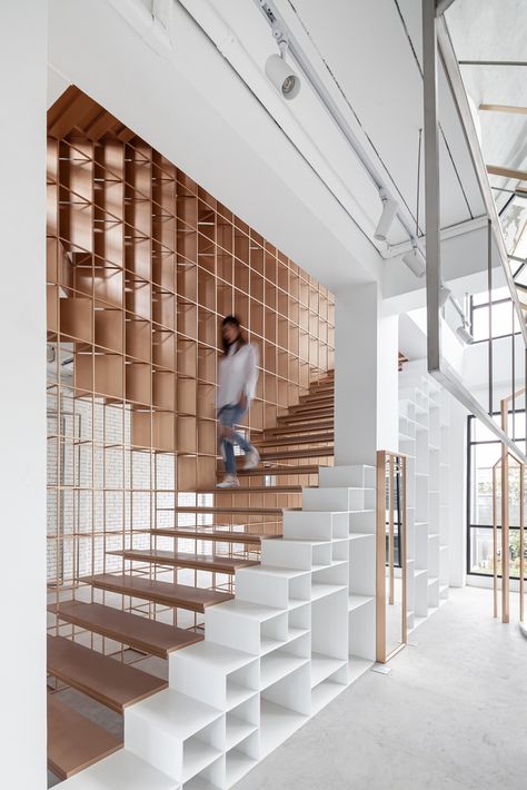 Gallery of The Renovation of Sriwara Office / FATTSTUDIO - 6 Retail Stairs Design, Architectural Stairs, Stairs Interior Design, Staircase Bookshelf, Office Stairs, Office Reference, Vertical Circulation, Stair Design Architecture, Big Doors