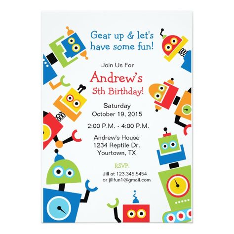 Robots Party Theme, Robot Birthday Party Decorations, Robot Birthday Party, Robot Theme, Robot Party, Birthday Invitation Card, Kids Birthday Party Invitations, 4th Birthday Parties, Theme Birthday