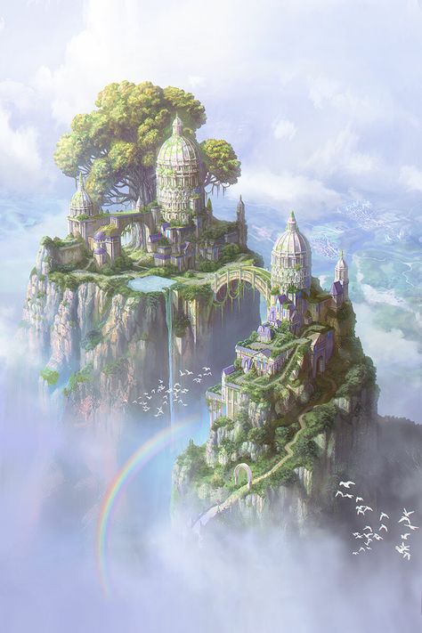 Sky Temple, City Sky, Temple Art, My Fantasy World, Fantasy City, Fantasy Castle, Fantasy Places, Landscape Scenery, Fantasy Art Landscapes