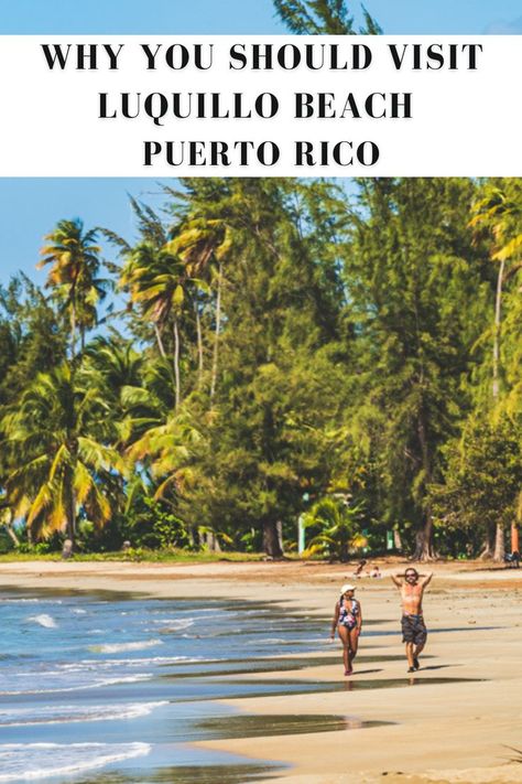 People walking on Luquillo Beach in Puerto Rico Trees For Shade, Beach In Puerto Rico, Living In Puerto Rico, El Yunque Rainforest, Kid Friendly Vacations, Shade Trees, Evergreen Trees, United States Travel, Mountain Range