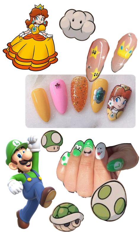 Mario Nails, Daisy Luigi, Funky Nails, Super Mario Bros, Nails Acrylic, Mario Bros, Super Mario, Nail Inspo, Acrylic Nails