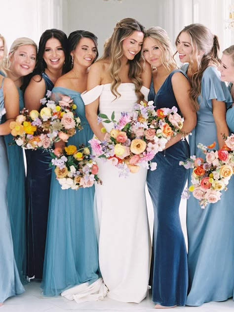 March Wedding Colors, Bridal Parties Colors, Sky Blue Bridesmaid Dresses, Wedding Color Combinations, March Wedding, Wedding Party Outfits, Bridesmaid Colors, Groom And Groomsmen Attire, Spring Wedding Colors