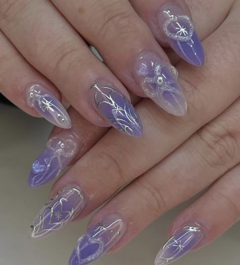 Purple Japanese Nails, Purple 3d Nails, Douyin Nails Purple, Korean Purple Nails, Japanese Art Nails, Purple Blush Nails, Purple Nails Korean, Purple Korean Nails, Purple Pearl Nails