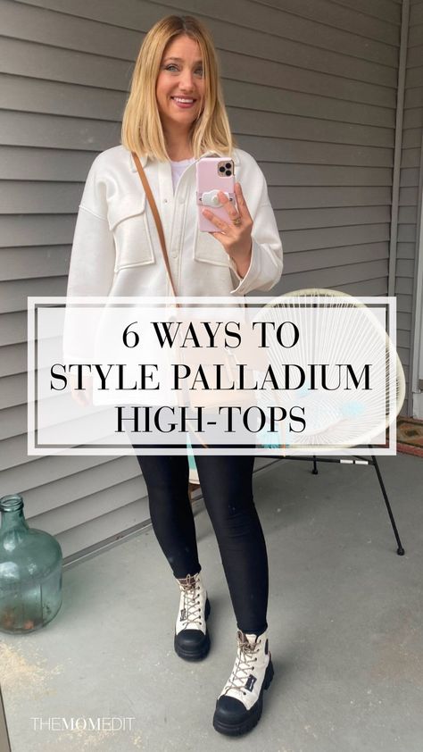 Palladium Shoes Outfit Woman, High Air Force 1 Outfit, High Top Sneaker Outfits Women, Hi Top Sneakers Outfit, Hightop Sneaker Outfits Women, Hightop Sneaker Outfit, How To Wear High Top Sneakers, Air Force 1 Outfit Woman Casual, Rubber Shoes Outfit