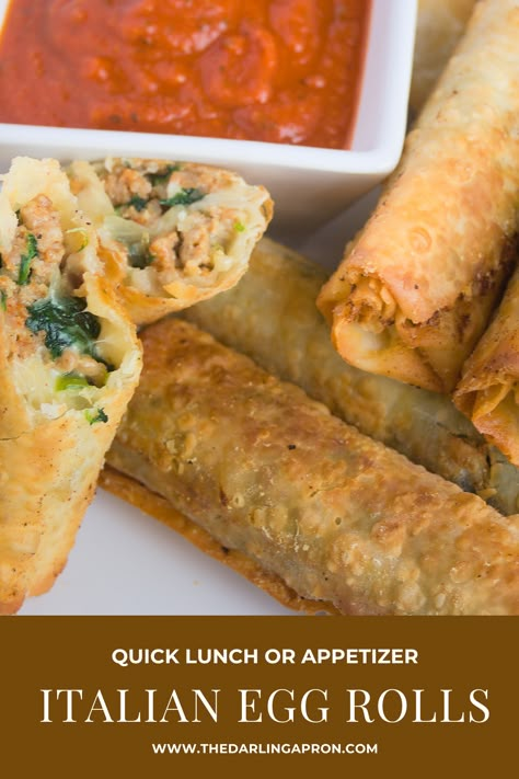 Italian version of the typical Chinese egg roll stuffed with sausage, peppers, spinach & cheese make the perfect appetizer or quick lunch! #thedarlingapron #eggroll #thefeedfeed #italianinspired #fusionfood #imissthebuffet #lunchideas #appetizers #foodtalkdaily #FoodBlogFeed #yummyinyourtummy #italiansausage #spinachrecipes #hereismyfood #mozzarella #marinarasauce #makeitdelicious #instayummy #shareyourtable Italian Sausage Egg Rolls, Italian Egg Rolls, Italian Beef Egg Rolls, Spinach Egg Rolls, Sausage Egg Roll, Wonton Appetizer Recipes, Egg Roll Wrapper, Wonton Appetizers, Italian Eggs