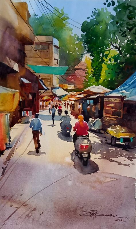 Market Scene Composition, Watercolour Composition, Scene Composition, Scenery Drawing For Kids, Market Scene, Justin Bieber Selena Gomez, Justin Bieber And Selena, Composition Painting, Arabic Calligraphy Painting