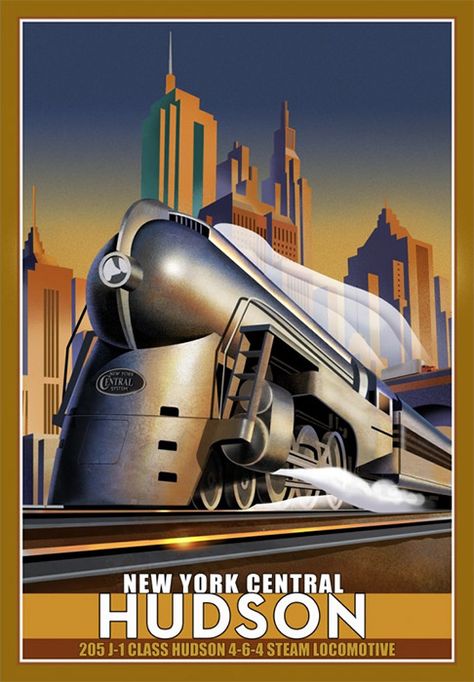 New York Central Railroad, Art Deco Illustrations, Art Deco Artwork, Railroad Art, Train Posters, Art Nouveau Poster, Art Deco Illustration, Art Deco Poster, Deco Poster