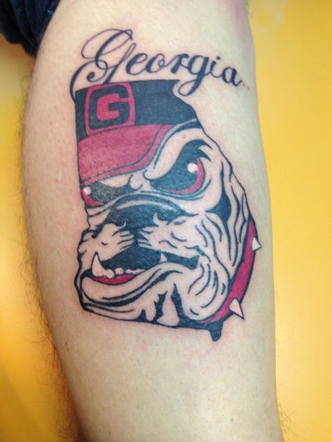 Georgia bull dogs tattoo by Blue Fin Tattoos Georgia Tattoo Ideas For Men, Georgia Bulldog Tattoo, Georgia Tattoo, State Tattoos, French Bulldog Tattoo, Bulldog Tattoo, Army Tattoos, Georgia Bulldog, Tattoo Shows