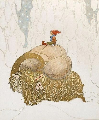 Artwork by John Bauer, "Julbocken", Made of Watercolour, gold paint, heightened white and pencil on paper Nordic Goddesses, Yule Goat, John Bauer, Magical Beings, Books Illustration, Ohara Koson, Swedish Christmas, Fairytale Illustration, Children Books