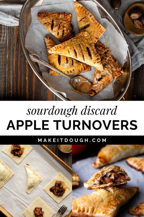 This flaky sourdough discard apple turnovers recipe is a must-try for anyone who loves a delicious pastry. Made with homemade puff pastry and a spiced apple filling, these turnovers are perfect for any occasion. Use up your sourdough discard in a fun and tasty way. Head to makeitdough.com for more creative sourdough baking recipes and inspiration. Sourdough Discard Apple Turnovers, Sourdough Discard Turnovers, Sour Cream Apple Walnut Pie Recipe, Sourdough Discard Apple Crisp, Sourdough Apple Turnovers, Sourdough Apple Desserts, Apple Sourdough Recipes, Sourdough Apple Recipes, Sourdough Apple Pie