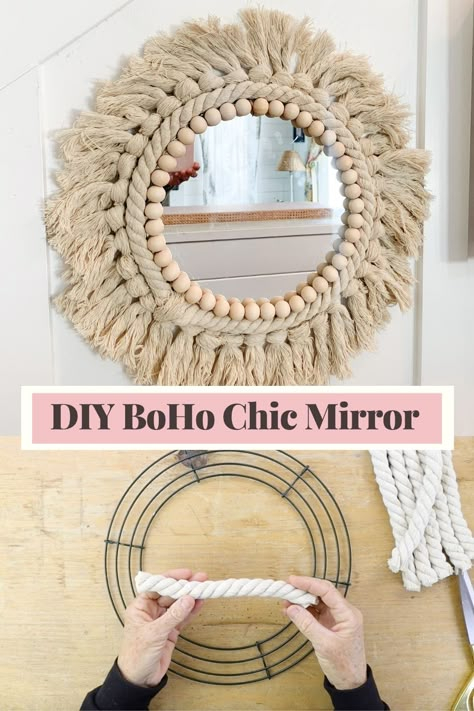 Beautiful DIY BoHo Mirror (Video Included) • Bella Branch DIY Macrame Round Mirror Diy, Diy Crafts Hobby Lobby, Boho Chic Mirror, Bohemian Mirror Diy, Small Mirror Decorating Ideas Diy, Diy Boho Beach Decor, Boho Diy Bedroom Decor, Diy Macrame Mirror Wall Hanging, Macrame Projects To Sell