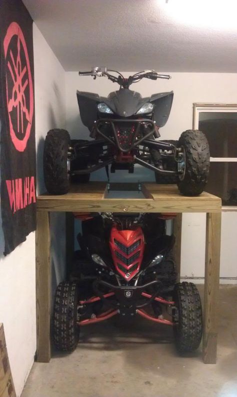 ATV Shelf - Storage - Space issue solved (PICS!) - Yamaha Raptor Forum Motocross Gear Organization, Snowmobile Storage, Atv Storage, Tools Garage Organization, Garage Storage Plans, Big Garage, Motorcycle Storage, Storage Shed Organization, Ultimate Garage