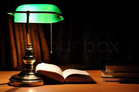 Love the green lamp, maybe build a wooden library someday... Opened Book, Green Library, Library Study Room, Library Lamp, Lamp Inspiration, Green Table Lamp, Green Lamp, I Love You Pictures, Electric Green