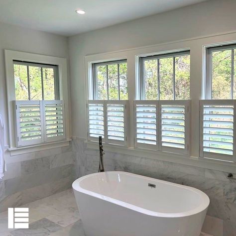 Bathroom Window Shutters, Bathroom Shutters, Lake House Master, Bathroom Window Coverings, Relaxing Bubble Bath, Window Options, Bathroom Window Treatments, Interior Window Shutters, Louver Windows