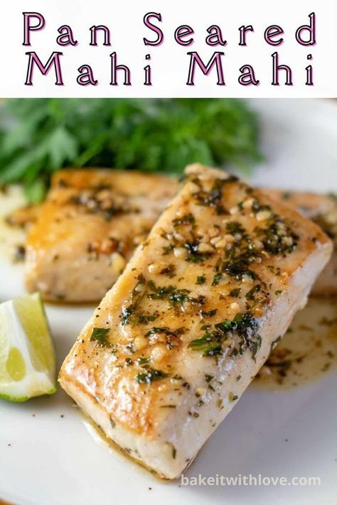 This pan seared Mahi Mahi recipe creates the most tender, flaky, and juicy piece of fish that any seafood lover will enjoy! It is ridiculously quick and easy, yet full of flavor! A simple sauce made from butter, lime, and cilantro makes this pan seared Mahi Mahi recipe extra special! BakeItWithLove.com #bakeitwithlove #best #mahimahi #fish #recipe #lime #cilantro Cooking Mahi Mahi, Mahi Recipes, Mahi Mahi Recipe, Mahi Mahi Recipes, Cilantro Lime Sauce, Garlic Butter Chicken, Grilled Seafood, Lime Sauce, Fish Recipe