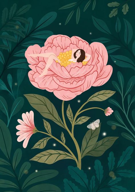 Peony Illustration, Forest Fairies, Wood Forest, Peaceful Night, Garden Illustration, Girls Wall Art, Sketchbook Art, Whimsical Illustration, Flower Illustration